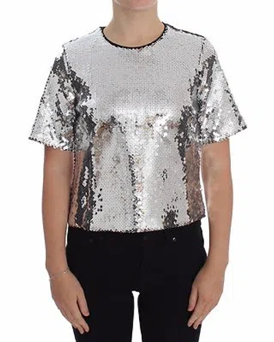 Pre-owned Dolce & Gabbana Blouse T-shirt Top Silver Sequined Crewneck It40/ Us6/s Rrp $960