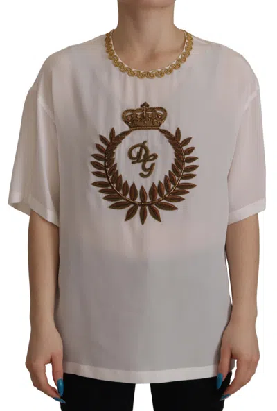 Pre-owned Dolce & Gabbana Blouse Top White Silk Gold Dg Crown Crystal It38/ Us4/ S $2200