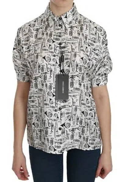 Pre-owned Dolce & Gabbana Blouse White Musical Instrument Collared Top It42/us8/m Rrp$700