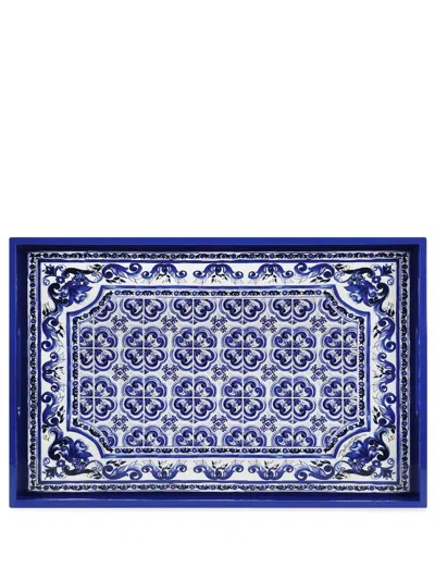Dolce & Gabbana Blue Mediterraneo Print Wood Tray