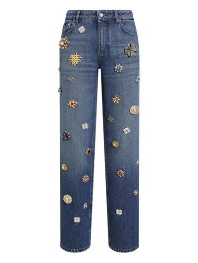 Dolce & Gabbana Embroidered Embellished Straight Jeans In Blue