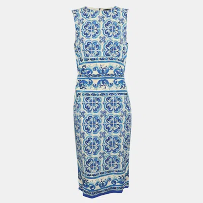 Pre-owned Dolce & Gabbana Blue And White Majolica Printed Silk Sleeveless Dress M