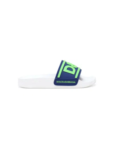 Dolce & Gabbana Kids' Blue And White Slippers With Fluo D&g Logo