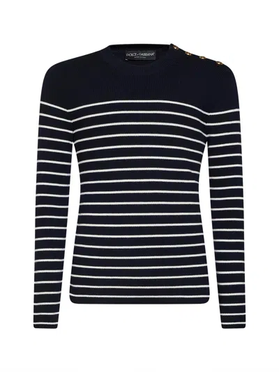 Dolce & Gabbana Blue And White Virgin Wool Knit Striped Crewneck Sweater In Black