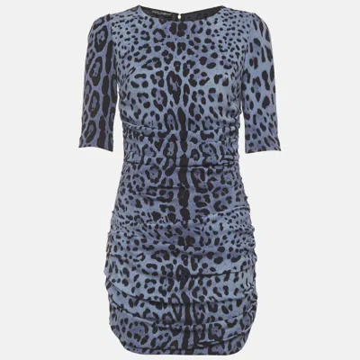Pre-owned Dolce & Gabbana Blue Animal Print Silk Ruched Mini Dress M