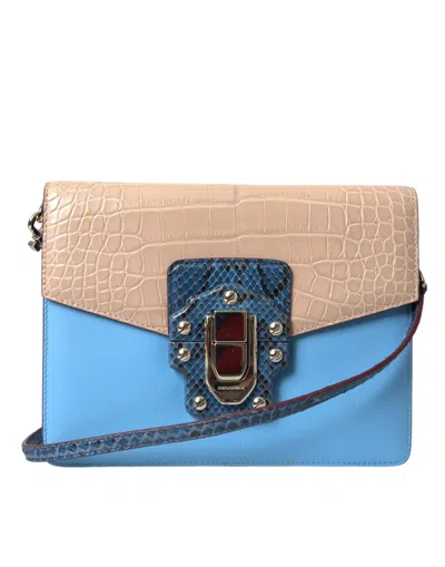 Pre-owned Dolce & Gabbana Blue Beige Exotic Leather Lucia Crossbody Purse Women's Bag () In Multicolor