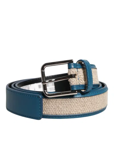 Pre-owned Dolce & Gabbana Blue Beige Leather Weaved Metal Buckle Men's Belt ()