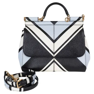 Pre-owned Dolce & Gabbana Blue Black Cream Leather 2016 Miss Sicily Medium Striped Bag In White