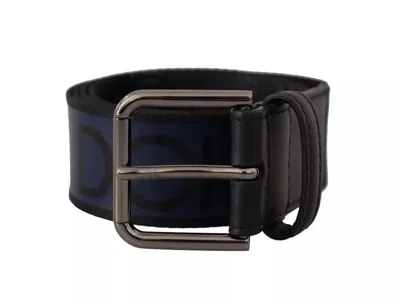 Pre-owned Dolce & Gabbana Blue Black Logo Print Silver Buckle Men's Belt () In Black And Blue
