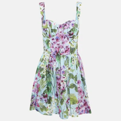 Pre-owned Dolce & Gabbana Blue Bluebell Print Cotton Corset Mini Dress M