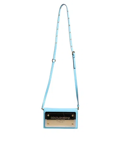 Pre-owned Dolce & Gabbana Blue Branded Maxi Plate Leather Crossbody Phone Women's Bag () In Light Blue