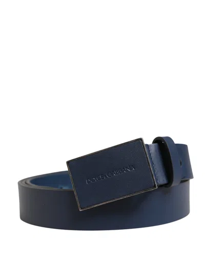 Pre-owned Dolce & Gabbana Blue Calf Leather Logo Metal Buckle Men's Belt ()