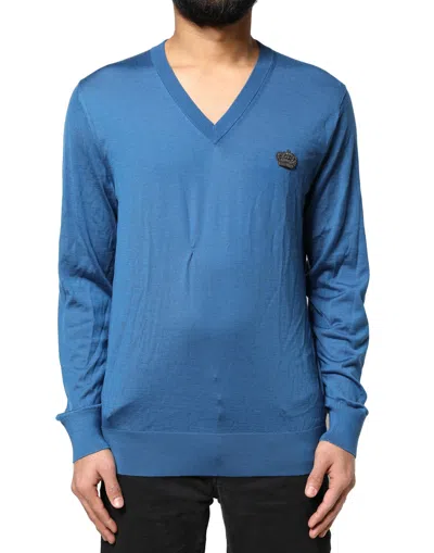 Pre-owned Dolce & Gabbana Blue Cashmere Crown V-neck Pullover Men's Sweater ()
