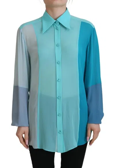 Pre-owned Dolce & Gabbana Blue Collar Long Sleeve Blouse Silk Women's Top ()