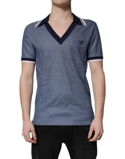 Dolce & Gabbana Blue Collared V-neck Silk Blend Polo T-shirt In Gray
