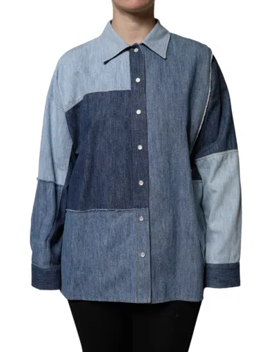 Dolce & Gabbana Blue Cotton Button Up Collared Long Sleeve Women's Top