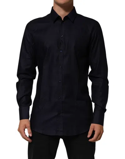 Dolce & Gabbana Blue Cotton Collared Long Sleeve Gold Men Dress Shirt In Black