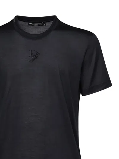 Dolce & Gabbana Blue Cotton Embroidered Logo T Shirt In Black