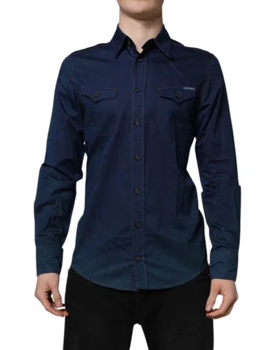 Pre-owned Dolce & Gabbana Blue Cotton Gold Long Sleeves Casual Men's Shirt ()