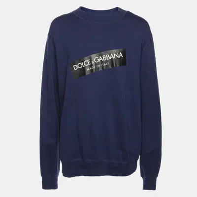 Pre-owned Dolce & Gabbana Blue Cotton Knit Logo Print Sweatshirt Xxxl
