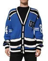 Dolce & Gabbana Blue Cotton Logo Patch Ribbed Knit Cardigan Men's Sweater In Blue