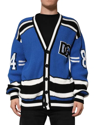 Dolce & Gabbana Blue Cotton Logo Patch Ribbed Knit Cardigan Men's Sweater