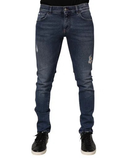 DOLCE & GABBANA BLUE COTTON LOGO PLAQUE SKINNY MEN DENIM JEANS