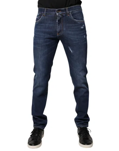 Dolce & Gabbana Blue Cotton Logo Print Slim Fit Denim Men's Jeans