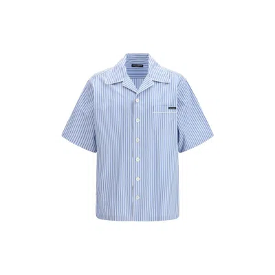 Dolce & Gabbana Striped Poplin Hawaiian Shirt In Blue