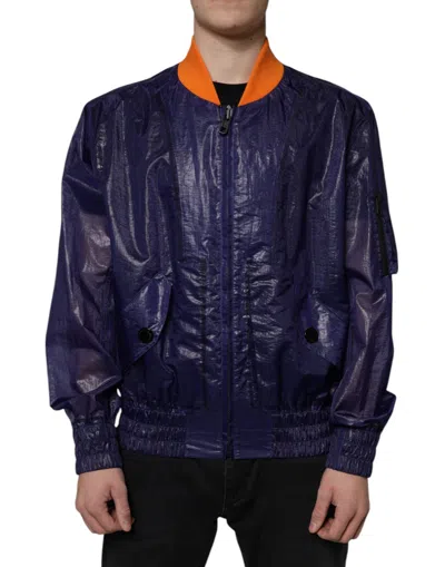 DOLCE & GABBANA BLUE COTTON STRETCH FULL ZIP BOMBER JACKET