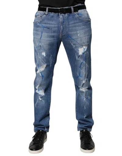 Dolce & Gabbana Blue Cotton Stretch Tattered Skinny Denim Men's Jeans