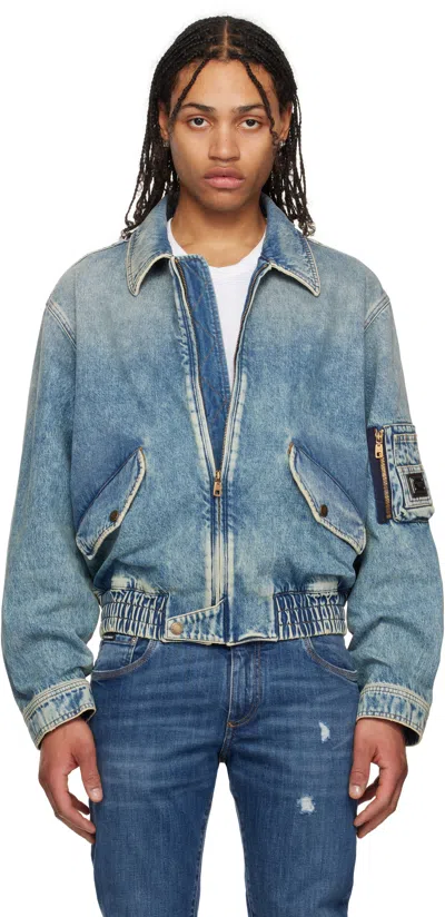 Dolce & Gabbana Blue Cotton Tag Denim Bomber Jacket In Variante Abbinata