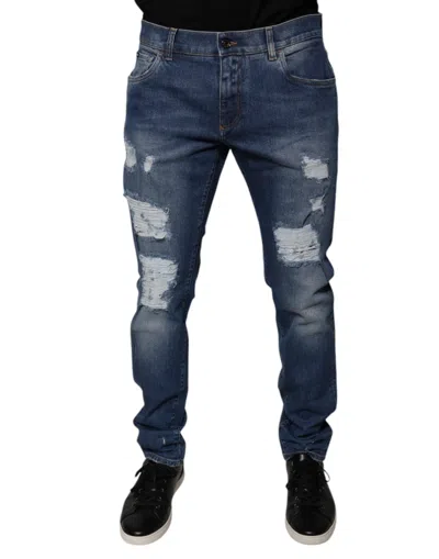DOLCE & GABBANA DOLCE & GABBANA BLUE COTTON TATTERED SKINNY DENIM MEN'S JEANS