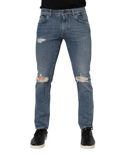Pre-owned Dolce & Gabbana Blue Cotton Tattered Skinny Logo Denim Men's Jeans ()
