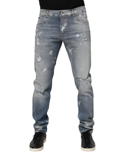 Dolce & Gabbana Blue Cotton Tattered Slim Fit Men Denim Jeans In Gray