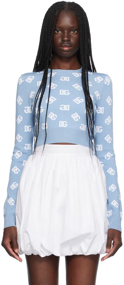 Dolce & Gabbana Blue Cropped Jacquard Logo Sweater In B0143 Celeste Chiaro