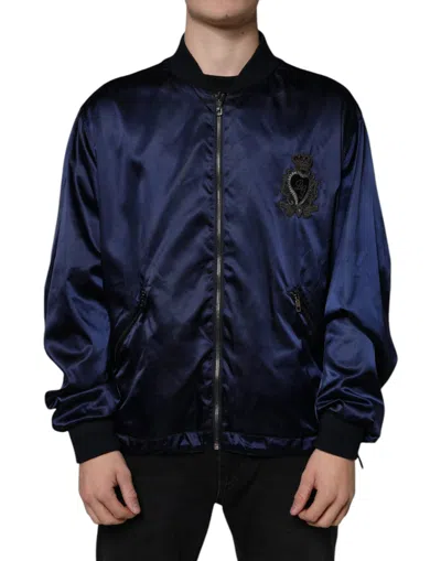 Pre-owned Dolce & Gabbana Blue Crown Heart Full Zip Men Bomber Men's Jacket ()