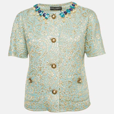 Pre-owned Dolce & Gabbana Blue Crystal Embellished Brocade Blouse M