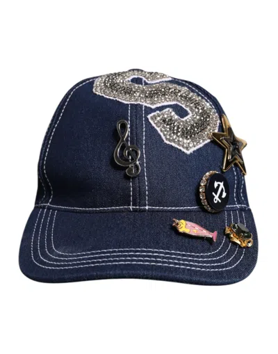 Dolce & Gabbana Crystal Charm Embellished Denim Baseball Cap In Blue