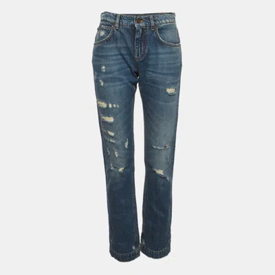 Pre-owned Dolce & Gabbana Blue Denim Baroque Heart Patch Jeans S/waist 29"