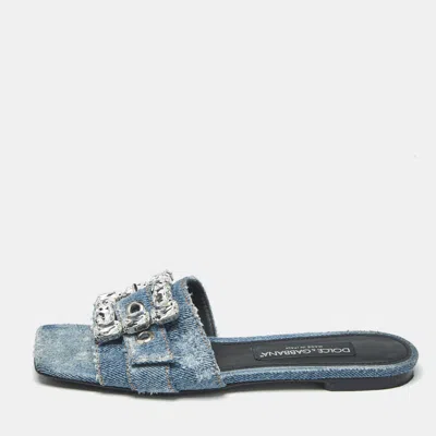 Pre-owned Dolce & Gabbana Blue Denim Crystal Embellished Buckle Flat Slides Size 38