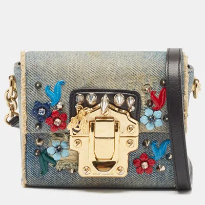 Pre-owned Dolce & Gabbana Blue Denim Mini Embellished Lucia Shoulder Bag