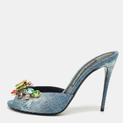 Pre-owned Dolce & Gabbana Blue Denim Stiletto Heel Peep Toe Slide Sandals Size 37.5