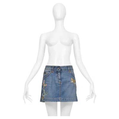 Pre-owned Dolce & Gabbana Blue Denim Super-mini Skirt With Embroidered Butterflies