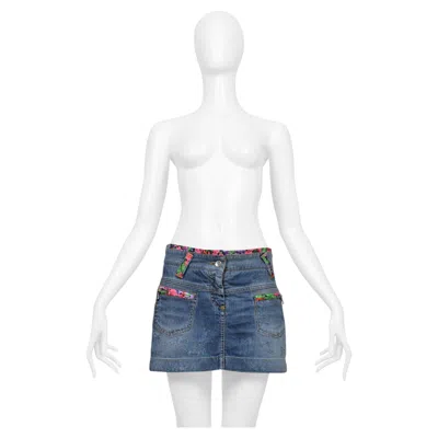 Pre-owned Dolce & Gabbana Blue Denim Super-mini Skirt With Floral Trim