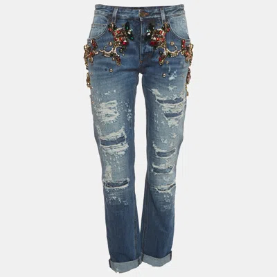 Pre-owned Dolce & Gabbana Blue Distressed Denim Crystal Detail Jeans Xs/waist 28" In Black