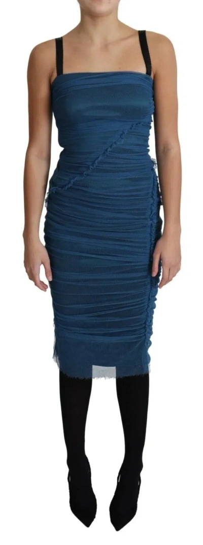 Pre-owned Dolce & Gabbana Blue Draped Tulle Midi Sheath Cotton Women's Dress ()