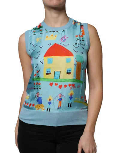 Pre-owned Dolce & Gabbana Blue Drawing Cashmere Sleeveless Tank Women's Top ()