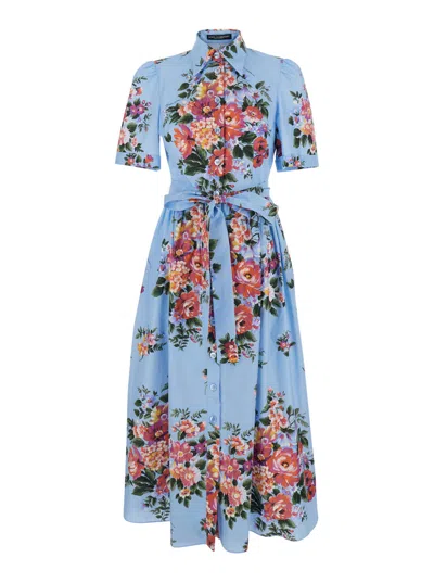 Dolce & Gabbana Blue Dress With Floral Print And Waist Knot In Cotton Woman