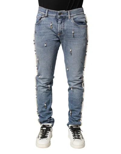 Dolce & Gabbana Blue Embellished Cotton Skinny Denim Men's Jeans